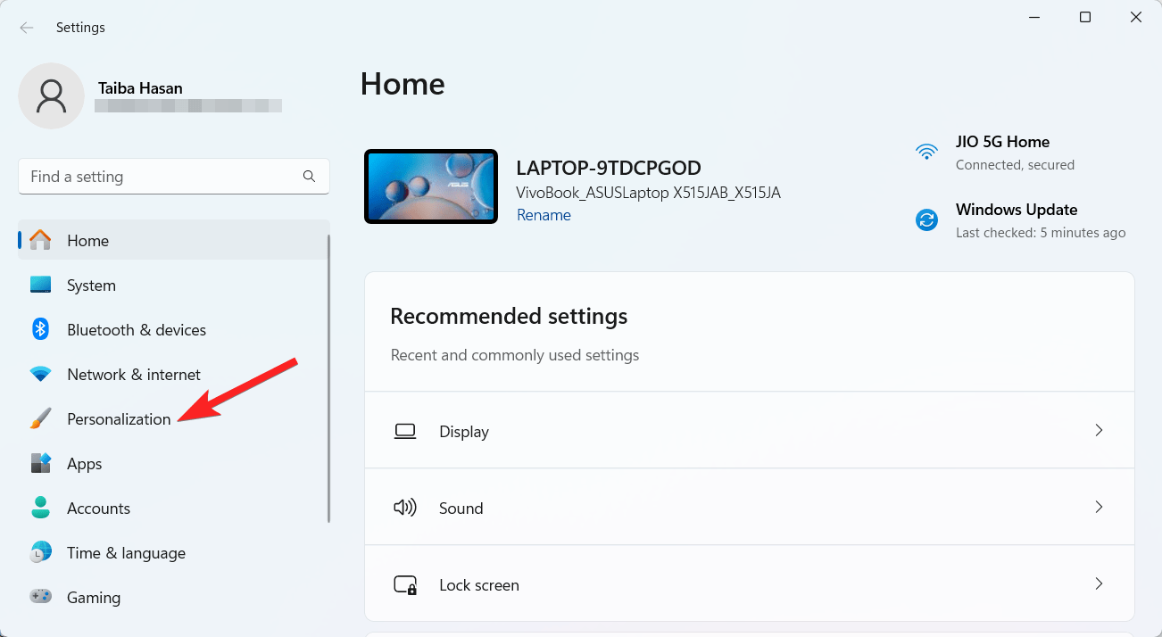 Select Personalization from the left panel