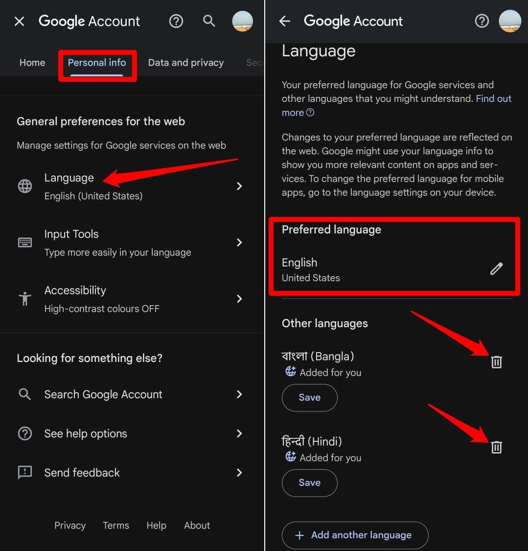 delete other languages in Google account settings