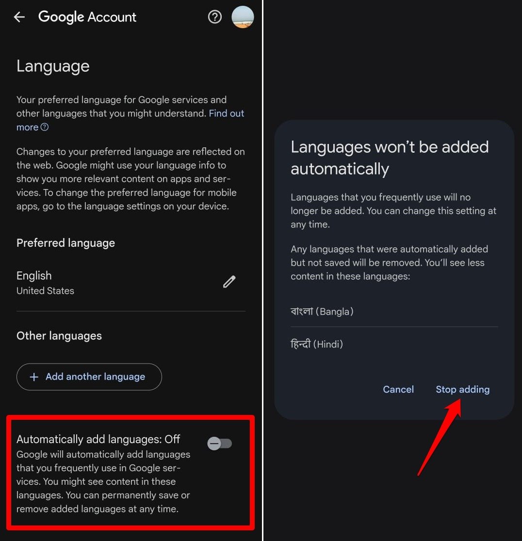 turn off automatically add languages in Google account settings